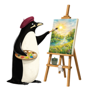 Pinguin Illustration beim Malen als Symbol für Kunsttherapie und persönliche Entwicklung in Hamburg
