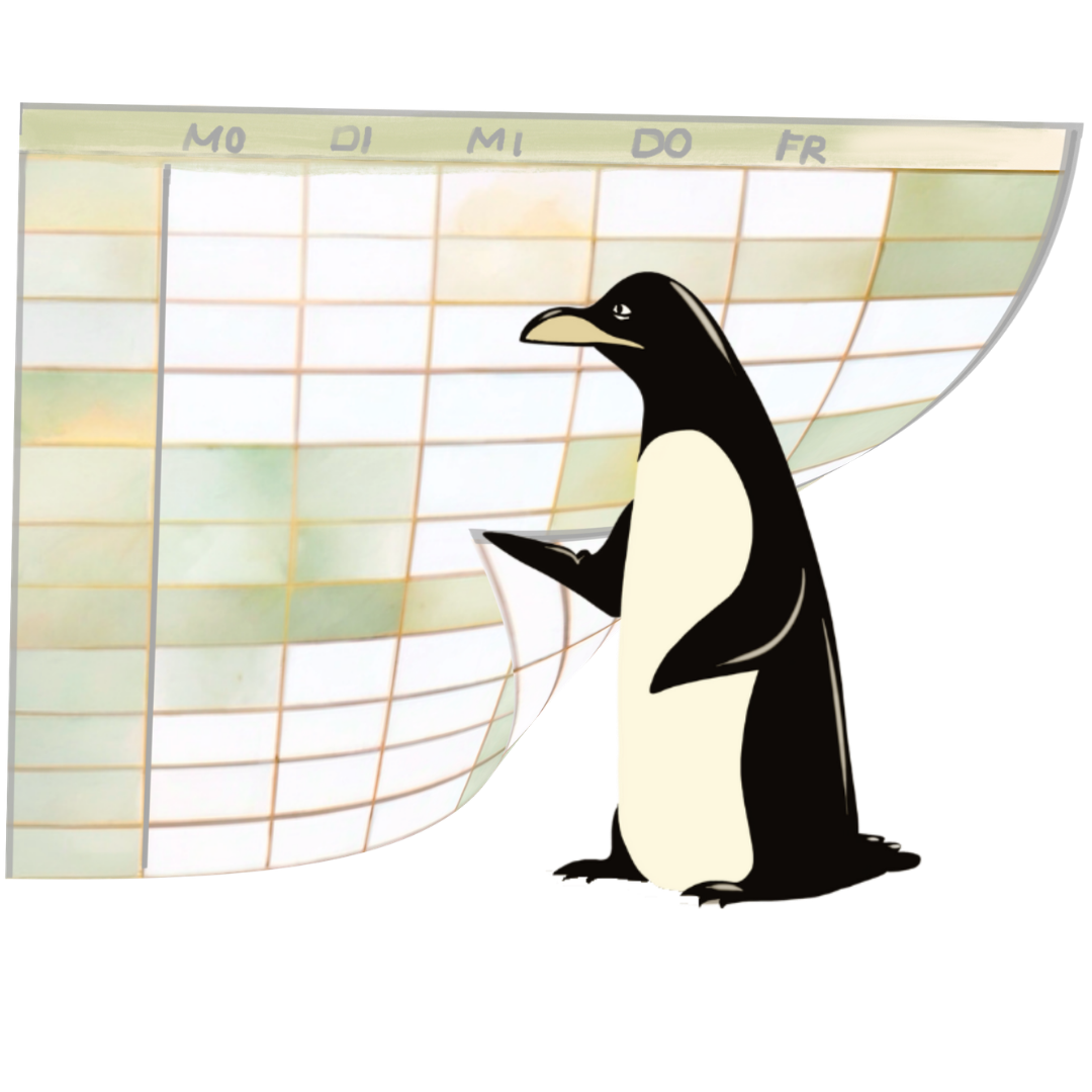 Pinguin Illustration mit Kursplan für Yoga, Pilates und Entspannung in Hamburg