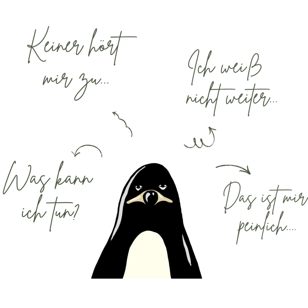Pinguin Illustration mit typischen Gedanken bei Überforderung und psychischer Belastung