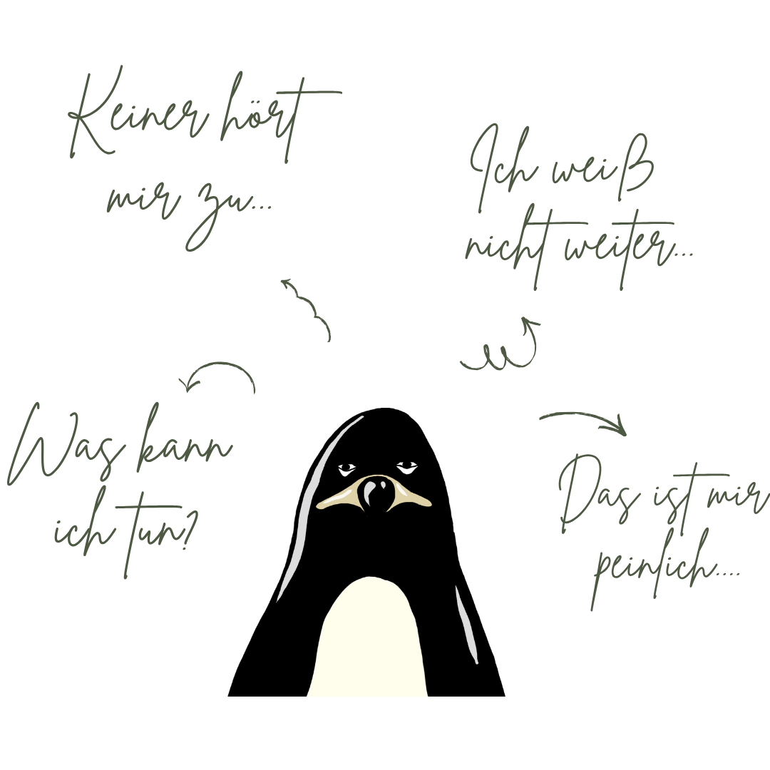 Pinguin Illustration mit typischen Gedanken bei Überforderung und psychischer Belastung