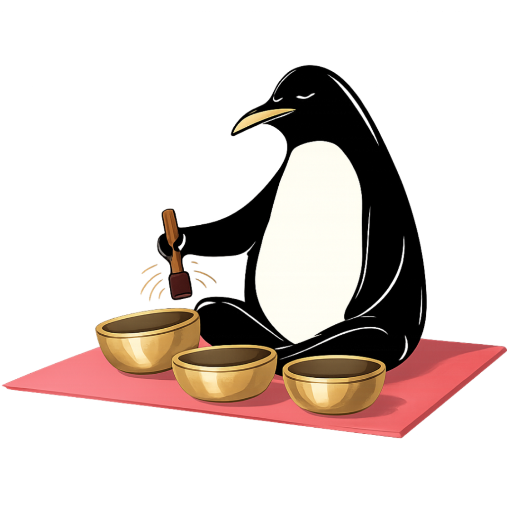 Pinguin Illustration mit Klangschalen für Soundbath und Entspannung in Hamburg